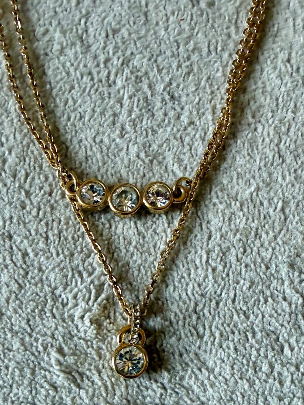 Double Layer 9K Yellow Gold Necklace 375/1000 Clear Stone Pendant